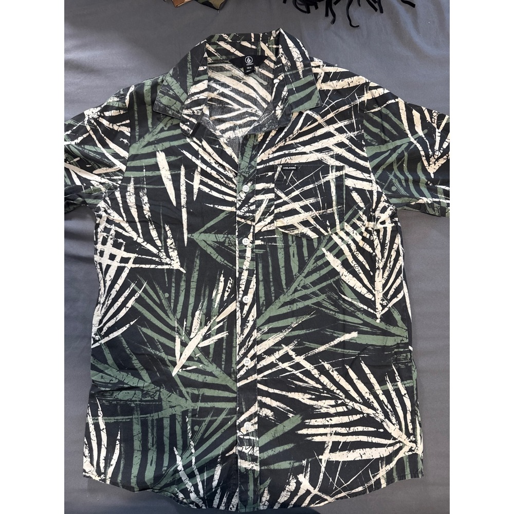Volcom Button Down Mens Medium A0402102 Black Palm Leaf Tropical EUC